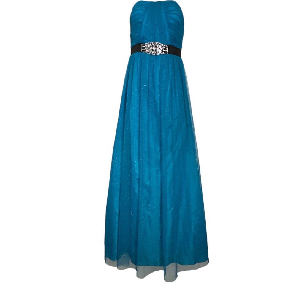 Hailey Logan by Adrianna Papell Teal/Blue Strapless Sparkle Prom Gown Size 7/8